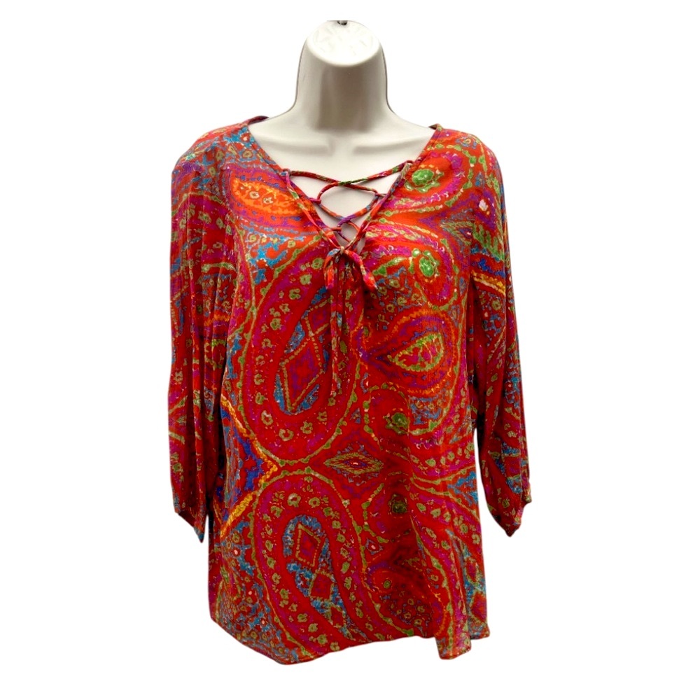 Lauren Ralph Lauren Large Vibrant‎ Paisley 3/4 Sleeve Lined Lace up Boho ChicTop